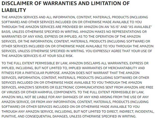 Amazon Conditions of Use: Disclaimer of Warranties and Limitation of Liability clause