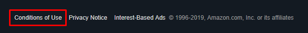 Amazon website footer with Conditions of Use highlighted