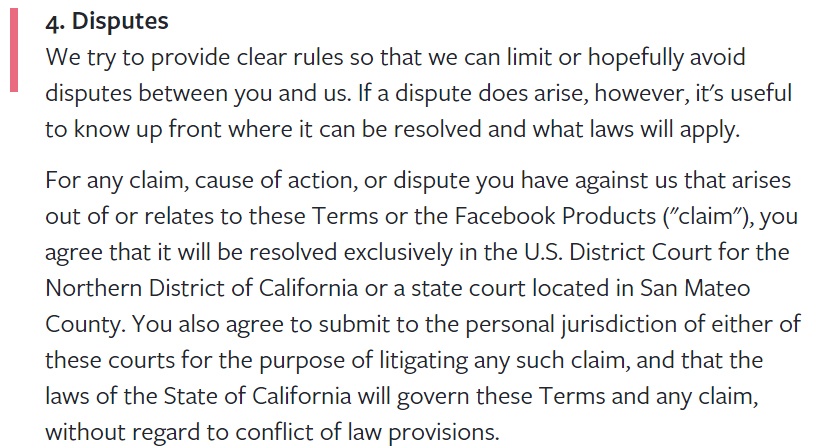 Facebook Terms of Service: Disputes clause - governing law