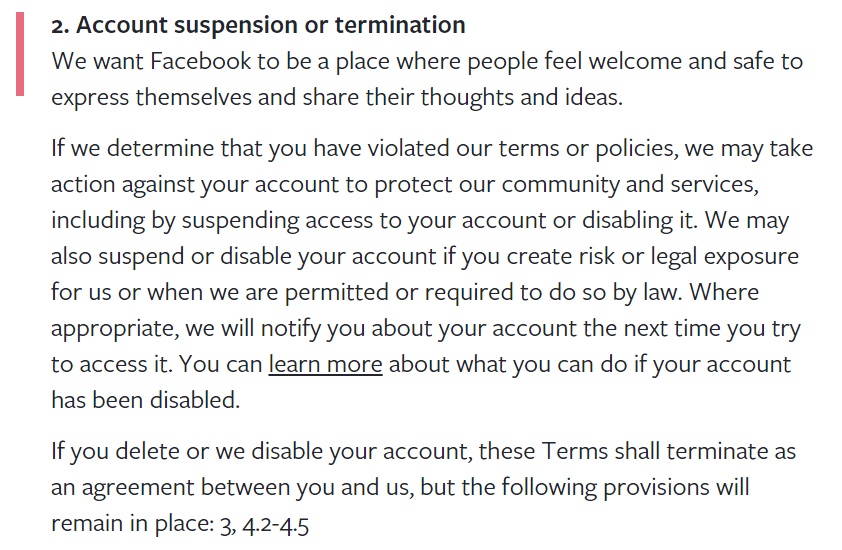 Facebook Terms of Service: Account suspension or termination clause