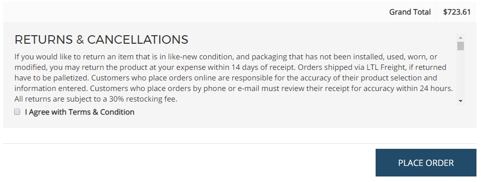 Furniture Cart Checkbox to agree to Terms of Service for returns and cancellations