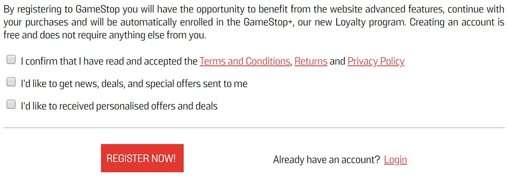 GameStop Account Registration page