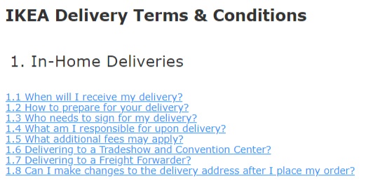 IKEA Delivery Terms of Service: Excerpt of questions
