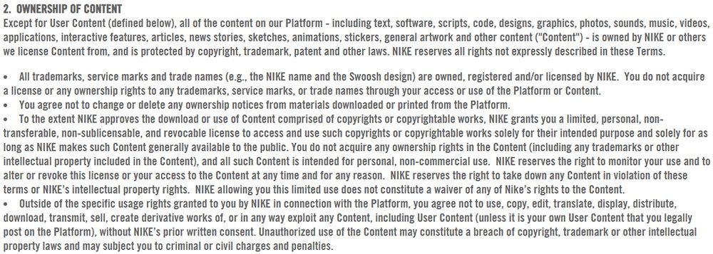 Nike Terms of Use: Ownership of Content - Intellectual property clause