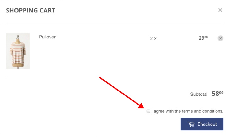 Shopify: example of a shopping cart checkout page with Terms of Service checkbox