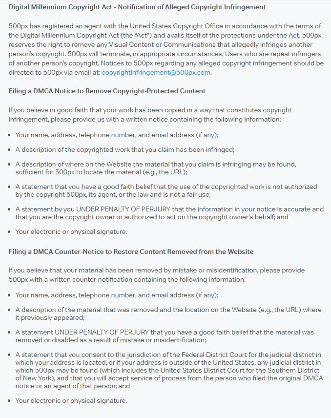 500px Terms of Service: DMCA & Copyright Infringement