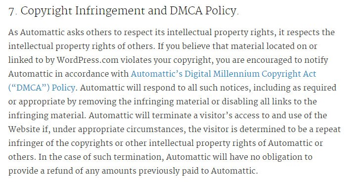 WordPress Terms of Service: Copyright Infringement and DMCA Policy